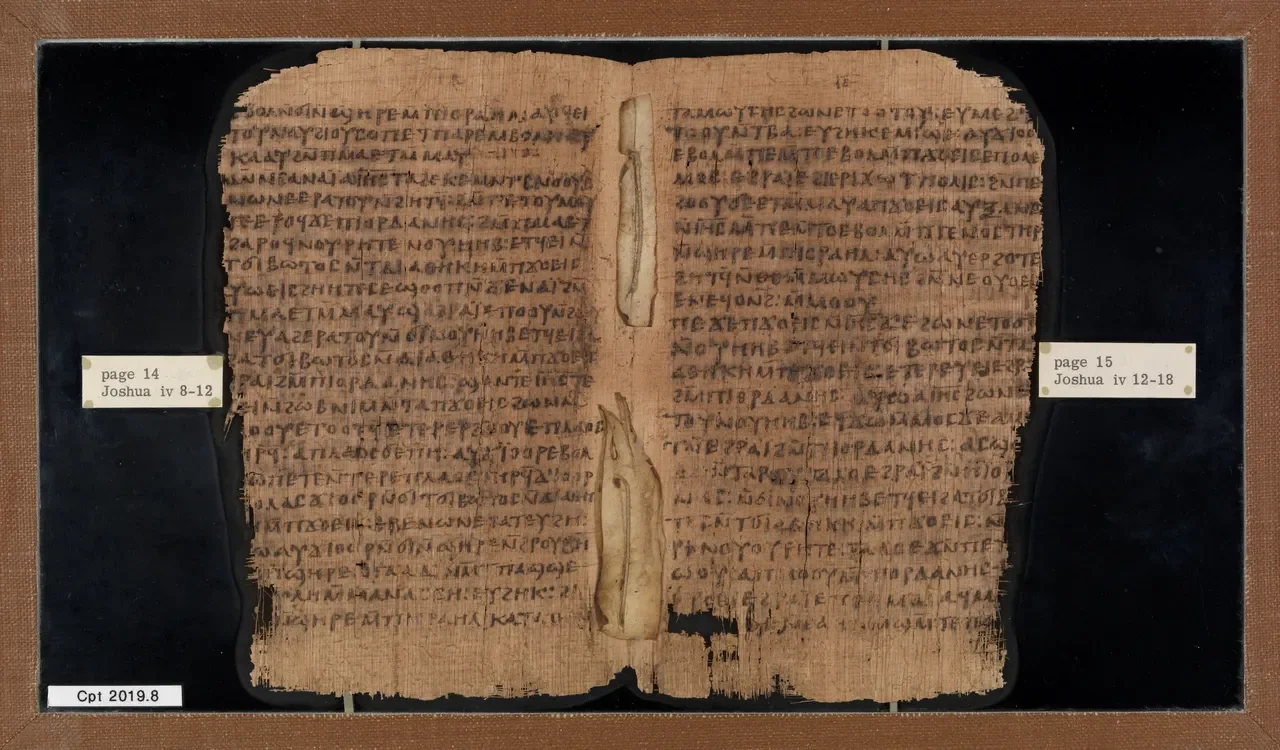 Papyrus with the fragments of the Book of Joshua (Joshua 4.5-8 and 4.18-24; 4.8-12 and 4.12-18). Sahidic (Coptic dialect). Dishna, Egypt, c. 300-350. Chester Beatty Library Cpt 2019.8a