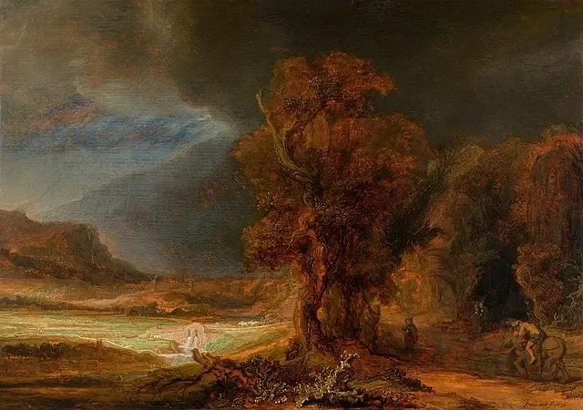 Landscape with the Good Samaritan, Rembrandt, 1638
